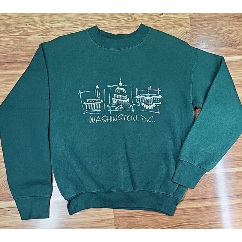 Vintage 90s Washinton D.C. Sweater Size Small Emerald Green Crewneck Nerd Core